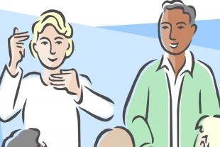 #PraCegoVer: foto ilustrativa mostra o desenho de duas pessoas fazendo apresentação para o público, sendo uma delas um intérprete de Libras.
