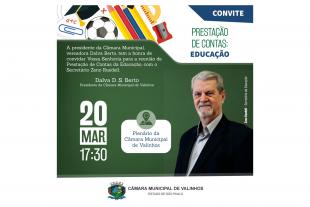 #PraCegoVer: Ilustração mostra o convite para a prestação de contas do secretário Zeno Ruedell. Uma foto do secretário está do lado direito, acima tem ilustrações de objetos relacionados à educação, como lápis e apontador, e os dizeres "Convite. Prestação de Contas: Educação. Na área em destaque da imagem está escrito "A Presidente da Câmara Municipal, vereadora Dalva Berto, tem a honra de convidar Vossa Senhoria para a reunião de prestação de contas da Educação, com o secretário Zeno Ruedell. Dia 20 de março, às 17h30, no plenário da Câmara Municipal de Valinhos.