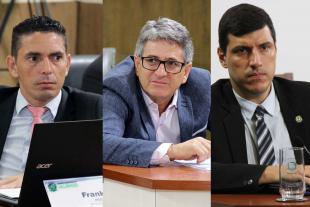 #PraCegoVer: Foto-montagem mostra os três vereadores autores do projeto sentados em seus lugares no plenário. Da esquerda para a direita estão os vereadores Franklin, Aguiar e André Amaral.