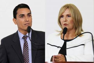#PraCegoVer: Foto-montagem com o vereador Kiko Beloni à esquerda e a vereadora Dalva Berto à direita. Ambos estão discursando na tribuna para os demais vereadores e para o público.